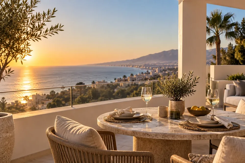 Terrace of a managed vacation apartment, with Costa del Sol views