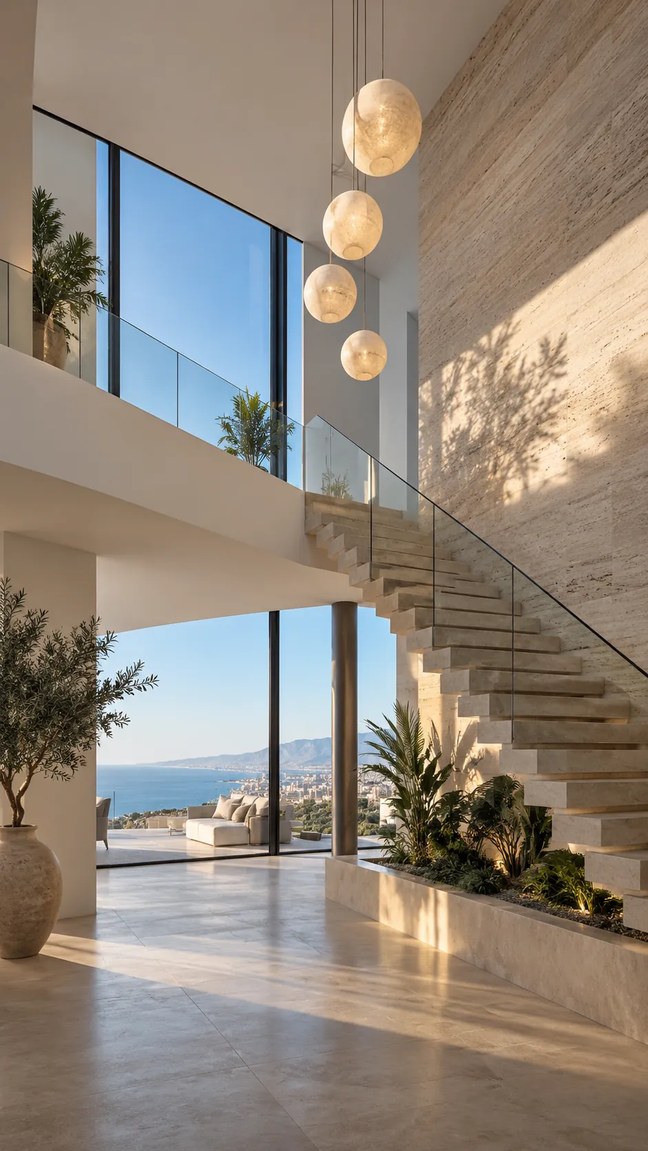 Contemporary double-height hall with stone staircase and sea views, Sunstay Living