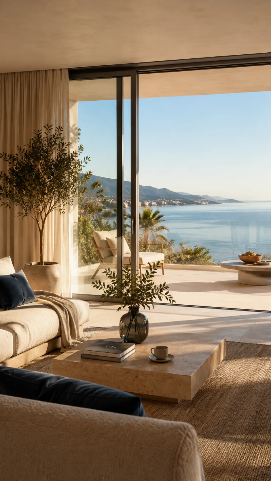Living room of a vacation apartment managed by Sunstay Rentals, with sea views